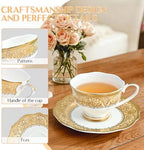 Luxury White & Gold Embossed Tea Cups and Saucers with Teapot, Sugar Bowl, & &Creamer, Vintage European Porcelain Coffee Set for Tea Party, Wedding, Gift (Gold Lace, 4pcs/set) - Image 4
