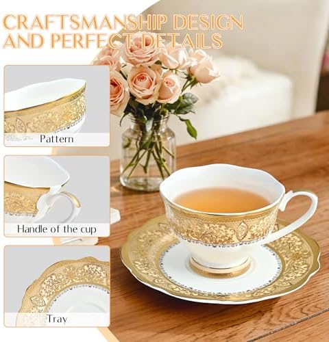 Luxury White & Gold Embossed Tea Cups and Saucers with Teapot, Sugar Bowl, & &Creamer, Vintage European Porcelain Coffee Set for Tea Party, Wedding, Gift (Gold Lace, 4pcs/set) - Image 4