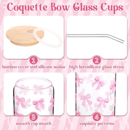 Zhehao 6 Set Cute Coquette Pink Bow Glass Cup Gift Set - Image 4