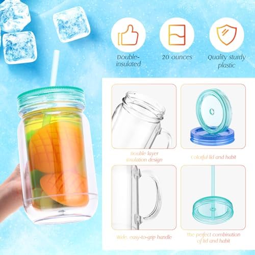 Suclain Plastic Mason Jars with Handles, Lids and Straws, Classic Color - Image 3