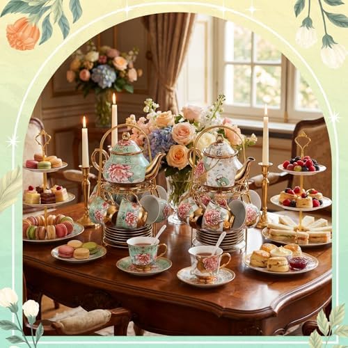 Zhehao 40 Pcs Porcelain Tea Set for Adult, with Metal Holder, Royal - Image 3