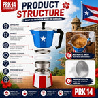 PRK 14 Puerto Rico Coffee Pot – Aluminum Moka Grecas Pot with Puerto Rican Flag Design | Traditional Stovetop Espresso Maker for Authentic Cafe Boricua 6 Cup - Image 2