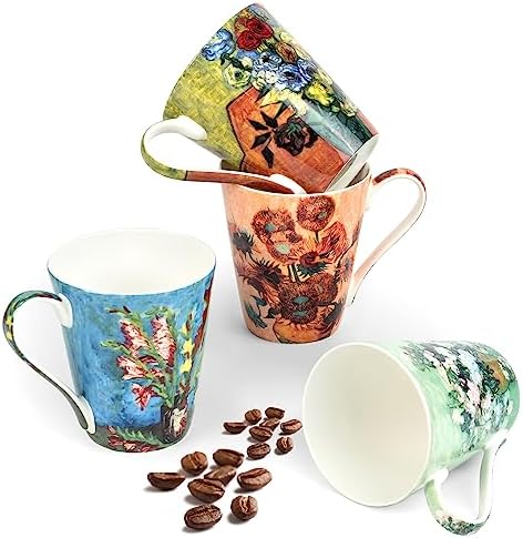 Coffee Mug Sets of 4, 12oz Bone China Porcelain Cups with Art Print Large Handle Dishwasher Microwave safe for Tea Cocoa or Hot Chocolate by AOTELIDA