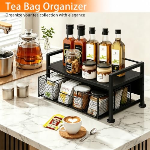 Tea Bag Organizer, Wooden Tea Box with Drawer and Top Tray, Black - Image 4