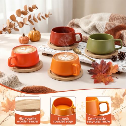 Rtteri 4 Pack 11 oz Fall Ceramic Coffee Cups Set with Saucer Bamboo Coasters, Autumn Tea Mug, Wide Cappuccino Latte Mugs with Handle for Hot Chocolate Americano Espresso - Image 3