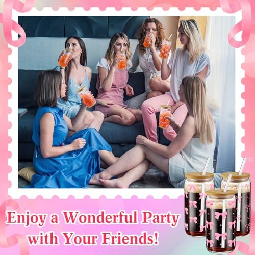 6 Pcs Pink Bow Cherry Glass Cups with Lids and Straws 16 oz - Image 4