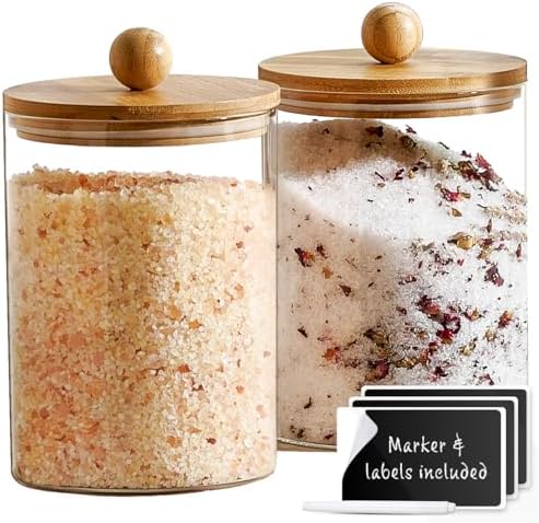 Le'raze Set of 2 Glass Canisters for Kitchen Counter with Airtight Bamboo Lids + Marker & Labels - 68oz. Large Cookie Jars Wooden Lid, Food Storage Containers Pantry, Flour, Sugar, Pasta, Candy. by LERAZE