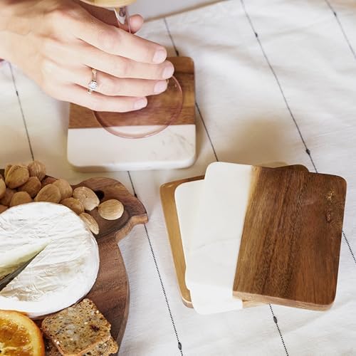 Twine Marble and Acacia Coasters, Modern Square Coasters, Acacia Wood, Marble, Protect Tables and Surfaces, Set of 4 - Image 6