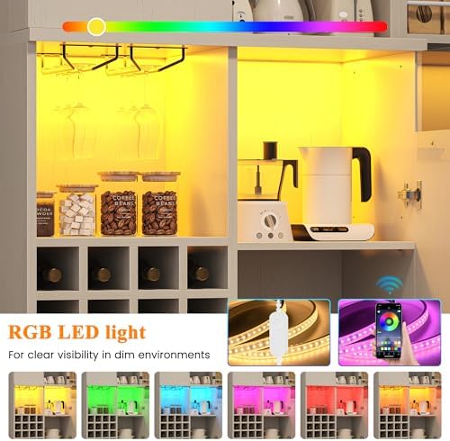 kepptory 72" Tall Wine Bar Cabinet with LED Light, Farmhouse Kitchen Pantry Storage Cabinet with 16 Wine Racks & Glass Holders, Liquor Cabinet for Dining Room Living Room, White - Image 7