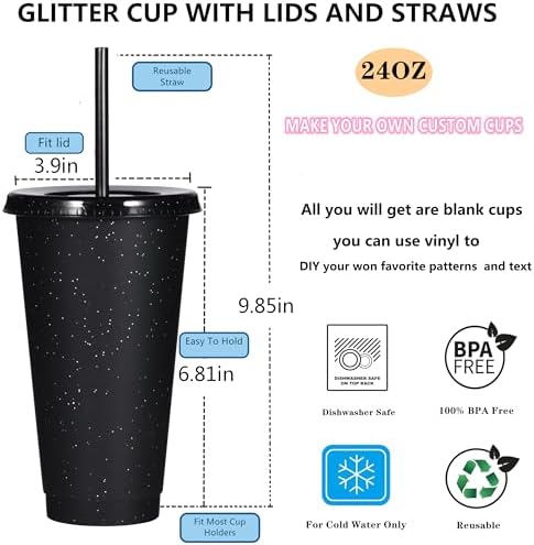 Suertestarry Tumbler with Straw and Lid,Water Bottle Iced Coffee Travel Mug Cup,Reusable Plastic Cups,Perfect for Parties,Birthdays… (Black Glitter, 36 pack) - Image 2