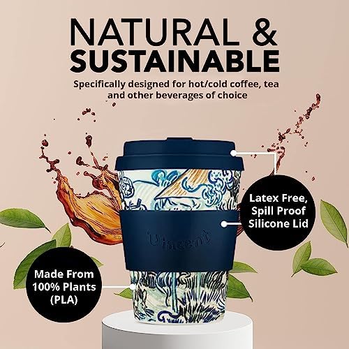 Ecoffee Cup 12oz (350ml) Van Gogh Reusable Coffee Cup – PLA Plant-Based Travel Mug with Silicone Lid, Melamine Free & Dishwasher Safe – Old Vineyard with Peasant Woman - Image 4