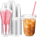 Ziliny 100 Sets Plastic Cups with Pink Heart Straws and Lids, Clear, 16 oz by Ziliny