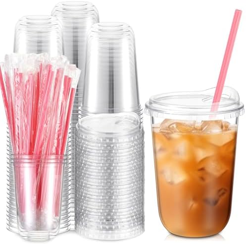 Ziliny 100 Sets Plastic Cups with Pink Heart Straws and Lids, Clear, 16 oz by Ziliny