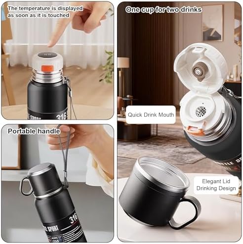 Double wall vacuum Leakproof stainless steel wide mouth insulated water bottle;tea tumbler with infuser,cup,lid;smart thermoses hot coffee;thermal flask ice drinks with led digital temperature display - Image 4