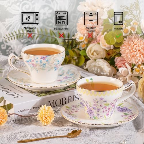 KAMMAK Tea Cups and Saucers Set of 2, 7.4 oz Porcelain Coffee Cups, 573N - Image 3