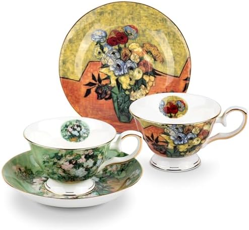 Floral Tea Cups Saucers Set of 2, Vangogh Paintings Bone China 7 oz British Teacups Porcelain Tea Cups Coffee for Rose Teacups Cappuccino Espresso Latte (White Roses & Flowers Vase) by AOTELIDA