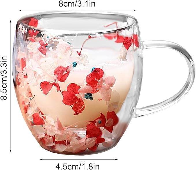 Double Wall Glass Coffee Mugs with Handle – Set of 2, 250ml Clear Flower Design Tea Cups | Insulated Glass Mugs for Hot & Cold Beverages, Cappuccino, Latte, Espresso, Tea (Red & Pink) - Image 3