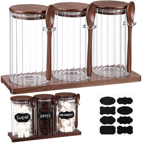 Set of 3 Glass Coffee Container with Bamboo Lids Spoons Labels 25 oz Clear Airtight Jar Food Storage Canister Set for Coffee Tea Sugar Decorative Countertop Organization Jars(Walnut) by Yiyiring