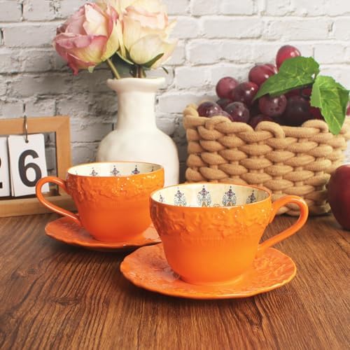 Ceramic Tea Cups and Saucers Set of 6 (7 oz),Ceramic teacup set,Bohemian Ceramic Coffee Cup embossed design,Suitable for tea, milk, coffee - Image 7