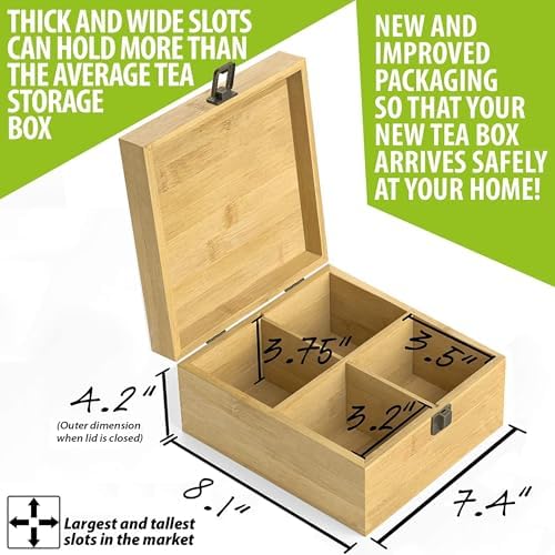 Bamboo Tea Organizer Box Chemical Free Big, Tall, Adjustable Cubbies Natural Wooden Storage Chest (4-Slot Square 7.4" x 8.1" x 4.2" Blank) - Image 2