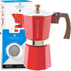 GROSCHE Milano Stovetop Espresso Maker Moka pot 9 espresso Cup - 15.2 oz, Red and 3 Replacement Seals Gaskets Bundle Stove top coffee maker Moka Italian espresso coffee maker and replacement gaskets by GROSCHE