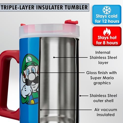 Get Trend Super Mario Tumbler with Handle and Straw 32 oz, Keeps Hot 8 Hrs, Cold 12H & Ice 42H, BPA-Free Insulated Stainless Steel Water Bottle, Travel Mug, Gamer Gifts (Blue Super Mario) - Image 4