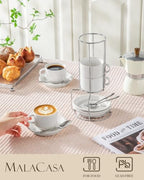 MALACASA Porcelain Espresso Cups Set of 4, with Saucers and Metal Stand, 4 Ounce Stackable Cappuccino Cups, Expresso Shots Cup Ceramic Demitasse Mugs, White with Spoon - Image 4