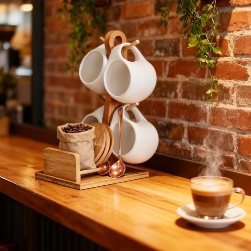 Bamboo Coffee Mug Holder Tree, Ceramic Coffee Cup Shelf Set 6 Piece Creative Cup Stand and Saucer Combination Coffee Mugs Kitchen Shelf Set (5x6.1x10) - Image 2