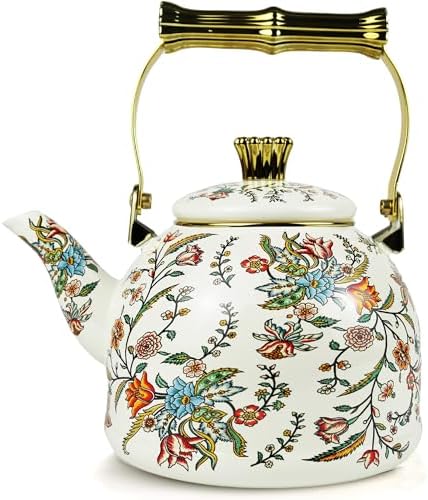 Vintage Enamel Tea Kettle Boho Floral Stovetop Teapot 2.5L Colorful Bohemian Enamel Kettle Kitchen Decor Hot Water Coffee Pot with Gold Handle by MersteadHome