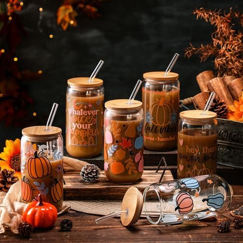 SiliFine 6 Pcs Fall Pumpkin Glass Cups, 16 oz with Lids and Straws - Image 2
