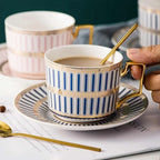 8.45oz European Ceramic Coffee Cup & Saucer Set of 2 with Handle & Gold Spoons, Stripe with Gold Accents, for Latte, Tea, Cappuccino, Gift Boxed for Tea Party, Housewarming Gift (two blue) - Image 4