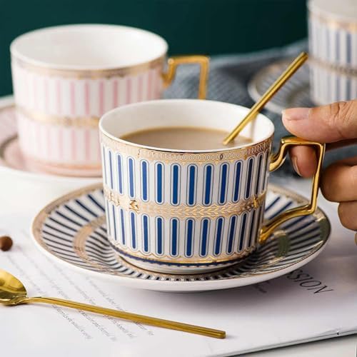 8.45oz European Ceramic Coffee Cup & Saucer Set of 2 with Handle & Gold Spoons, Stripe with Gold Accents, for Latte, Tea, Cappuccino, Gift Boxed for Tea Party, Housewarming Gift (two blue) - Image 4
