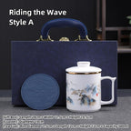 Dehua Porcelain Tea Mug with Lid and Infuser, 380ml Office Cup, Chinese Landscape Pattern, Gold Accents, Leather Coaster, Gift Box Set (Riding the Wave Style A) - Image 2