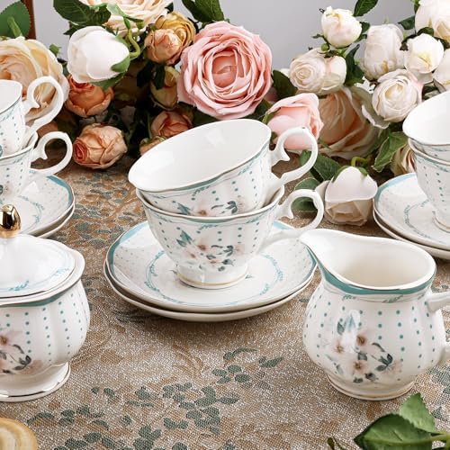 fanquare 21 Pieces Vintage White Camellia Porcelain Tea Set for Adults - Image 2