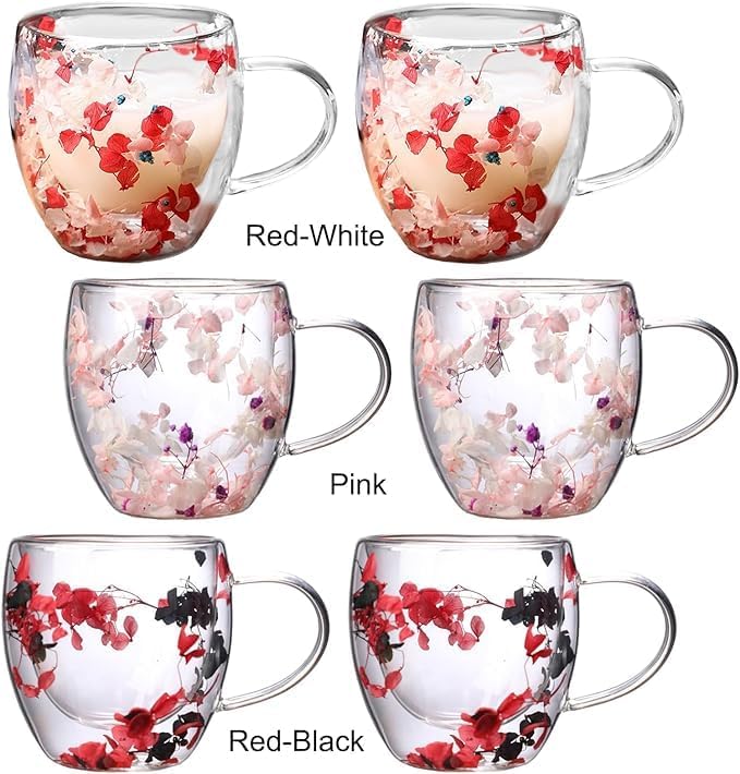 Double Wall Glass Coffee Mugs with Handle – Set of 2, 250ml Clear Flower Design Tea Cups | Insulated Glass Mugs for Hot & Cold Beverages, Cappuccino, Latte, Espresso, Tea (Red & Pink) - Image 7