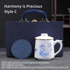 Dehua Porcelain Tea Mug with Lid and Infuser, 380ml Office Cup, Chinese Landscape Pattern, Gold Accents, Leather Coaster, Gift Box Set (Harmony is Precious Style C) - Image 2