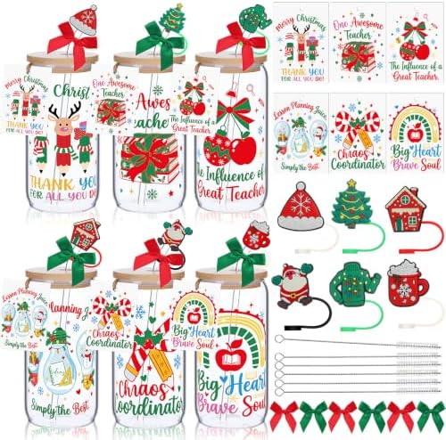 Vesici 6 Set Christmas Teacher Appreciation Gifts Glass Cups with Lid Straw by Vesici