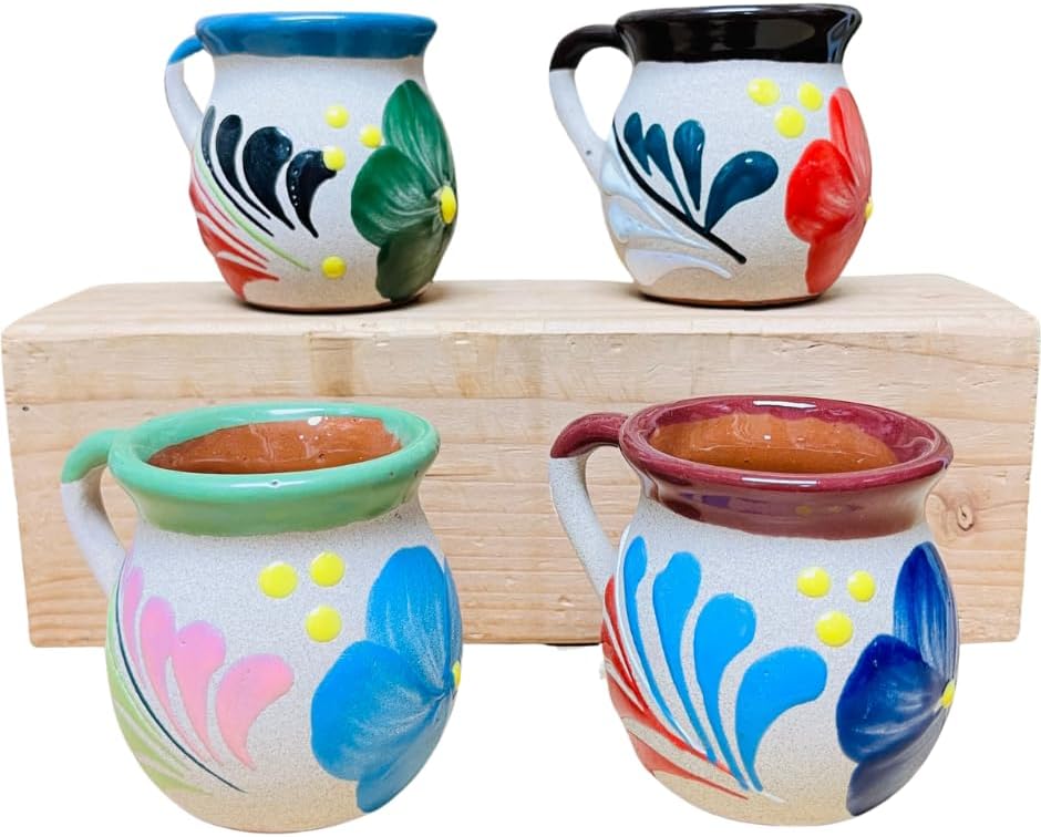 Set of 4 Small Engobe Mug - Small Clay Mug - Authentic Mexican Mugs - Jarito Mexicano - Guelaguetza Designs by Handmade