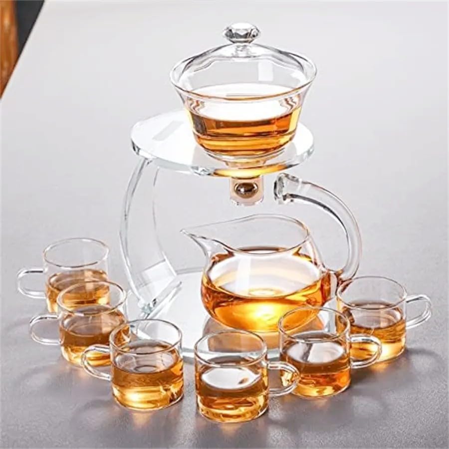 Glass Teapot Set Semi Automatic Drip Rotating with Infuser Chinese Heat-Resistant Lazy Kungfu Tea Set with 6pcs Teacups (Clear) - Image 4