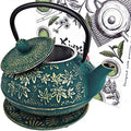 40 Oz Green Maple Leaf Cast Iron Teapot, Enamel Interior, Infuser & Trivet by KIYOSHILuxury