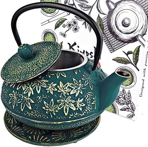 40 Oz Green Maple Leaf Cast Iron Teapot, Enamel Interior, Infuser & Trivet by KIYOSHILuxury