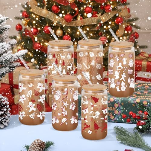 12 Pcs Christmas Glass Cups 16 oz with Lid Straw, Stylish Style - Image 3