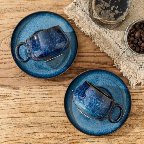 LUKA 7.77 oz Ceramic Cappuccino Cups with Saucers and Metal Stand, Set of 4 Large Unique Porcelain Coffee Cup for Latte, Cafe Mocha, Tea, Espresso, Dishwasher Safe, Reactive Glaze Bule - Image 7