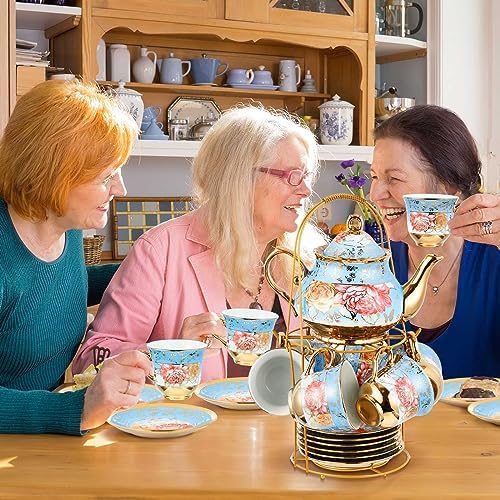 Zhehao 20 Pcs Porcelain Tea Set for Adult, with Metal Holder, Simplicity - Image 4