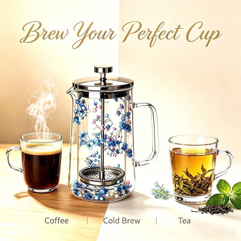 Glass French Press Coffee Maker 34oz, Embedded Dried Flower Double Wall Borosilicate Coffee Press, No Plastic, 4-Level Stainless Steel Filter for Tea & Cold Brew, Cute Decorative Design - Image 6