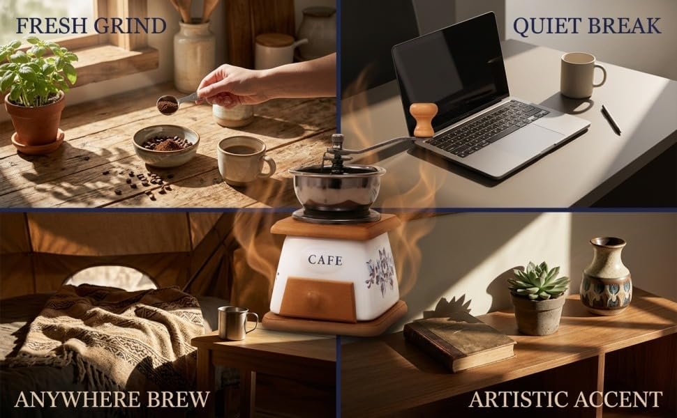 Manual Vintage Ceramic Burr Coffee Grinder with Wooden Base and Drawer, Stainless Steel Bowl, Floral Cafe Pattern, Hand Crank Mini Coffee Grinder for Home Kitchen, Travel, Office - Image 5