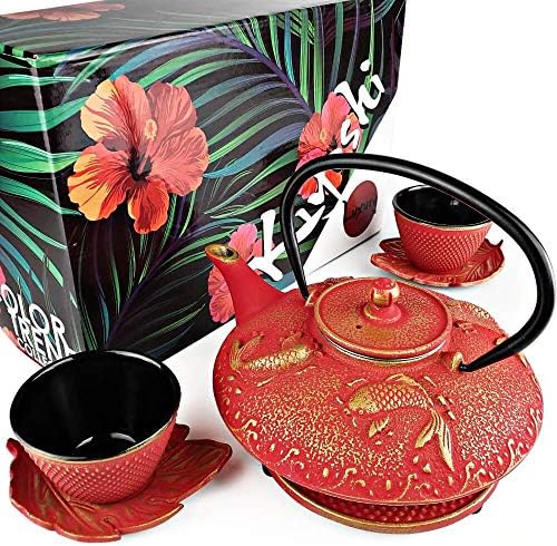 Red Koi Cast Iron Tea Set, 2 Cups, 2 Saucers, Infuser & Matching Trivet by KIYOSHILuxury