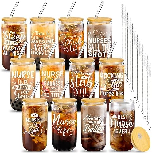 Uiifan 12 Pcs Nurse Gifts for Women 16 oz Can Shaped Glass Cups with Lids and Straw Funny Nurses Week Appreciation Gifts Nurse's Day Gift for Christmas Graduation Birthday School Supplies(Stylish) by Uiifan