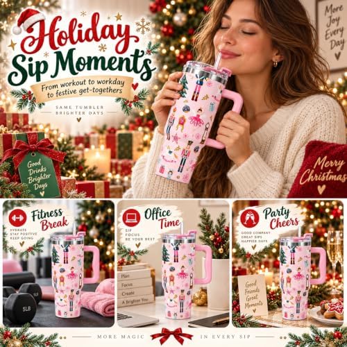 JarThenaAMCS 40 Oz Christmas Tumbler with Handle, Pink Nutcracker - Image 3