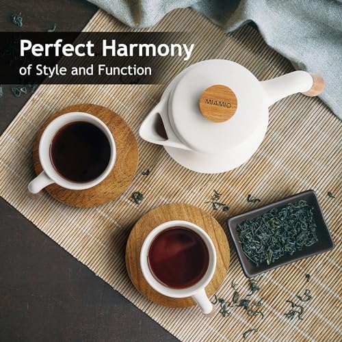 MIAMIO – 34 Oz Ceramic Tea Pot Set with Infuser and Cups/Tea Strainer, 4 Ceramic Tea Mugs (10 Oz), Bamboo Saucers/Handle for Home and Office (White) - Image 4